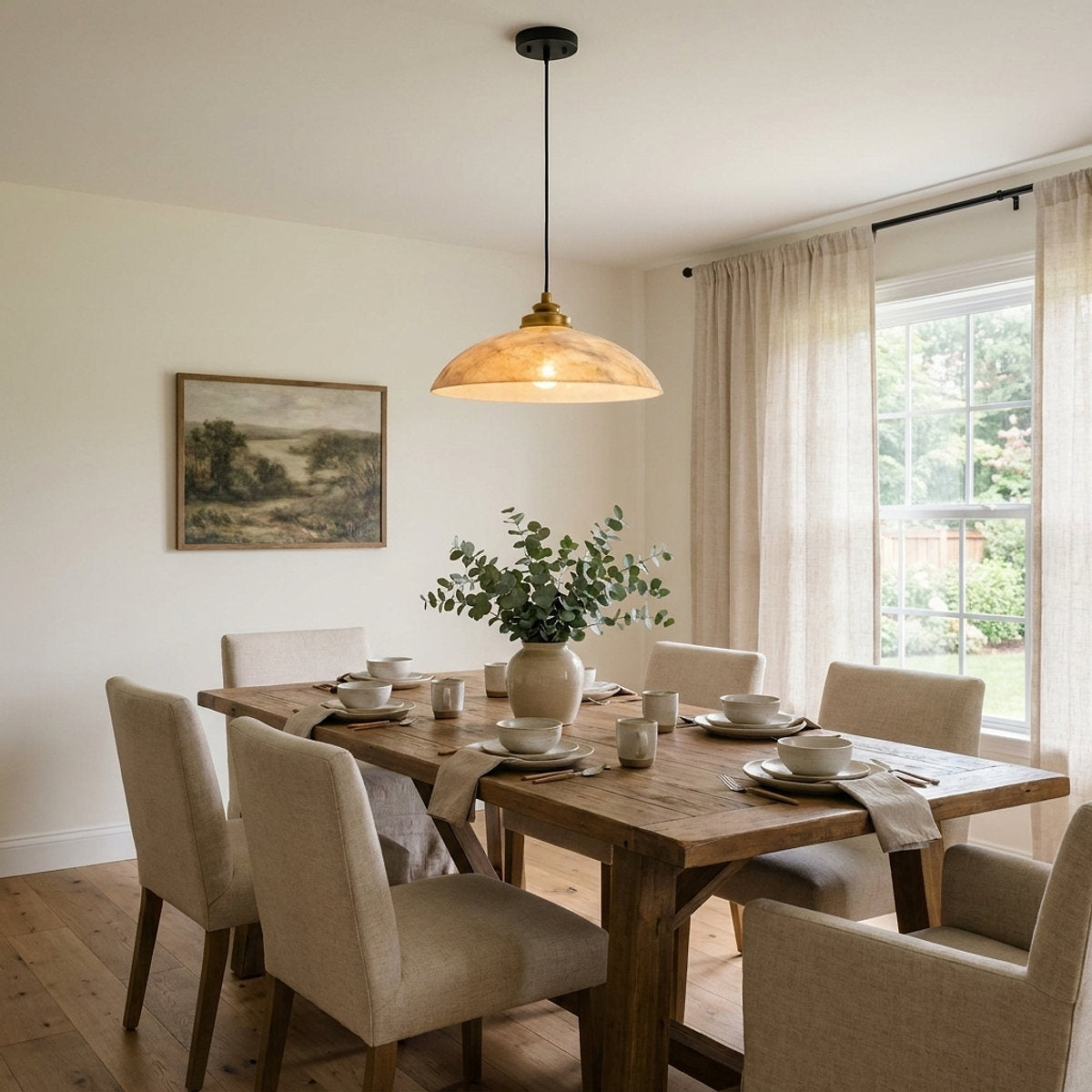 Alabaster Dome Pendant Light Brass & White for Dining Room & Living Room
