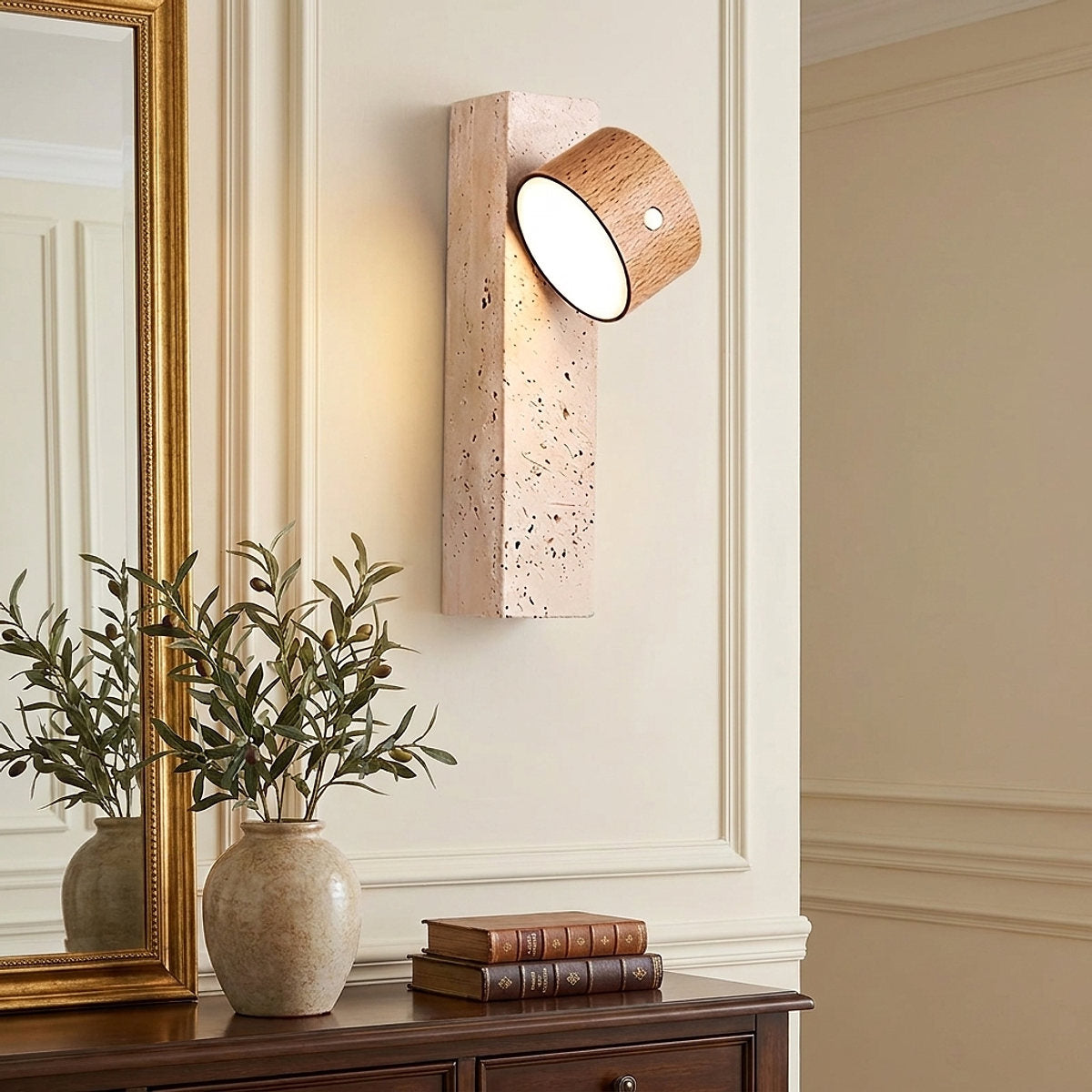Axis Wood Rechargeable Wall Lamp, 2.8-Inch x H 9.1-Inch, Dark walnut & Yellow Travertine, Warm Light & USB Charging for Bedroom & Living Room