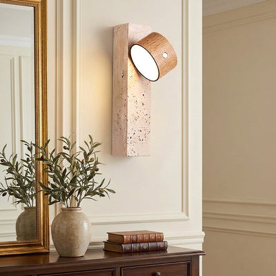 Axis Wood Rechargeable Wall Lamp, 2.8-Inch x H 9.1-Inch, Dark walnut & Yellow Travertine, Warm Light & USB Charging for Bedroom & Living Room