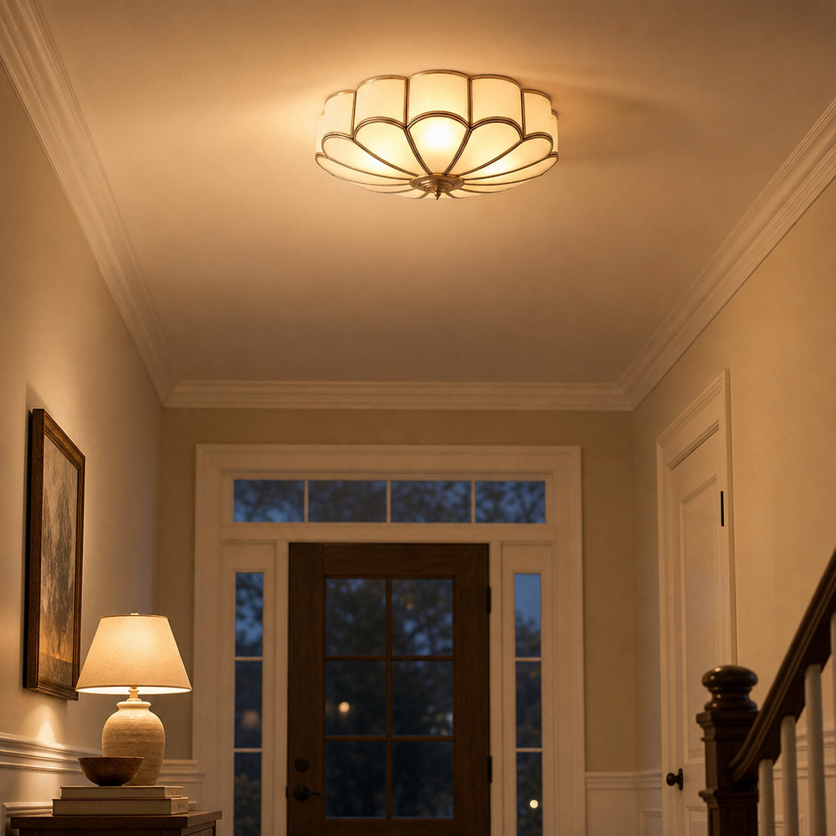 Flower Shape Glass Recessed Ceiling Light, 13.8~23.6-Inch x H 6.1`7.9-Inch, Brass & White for Living Room
