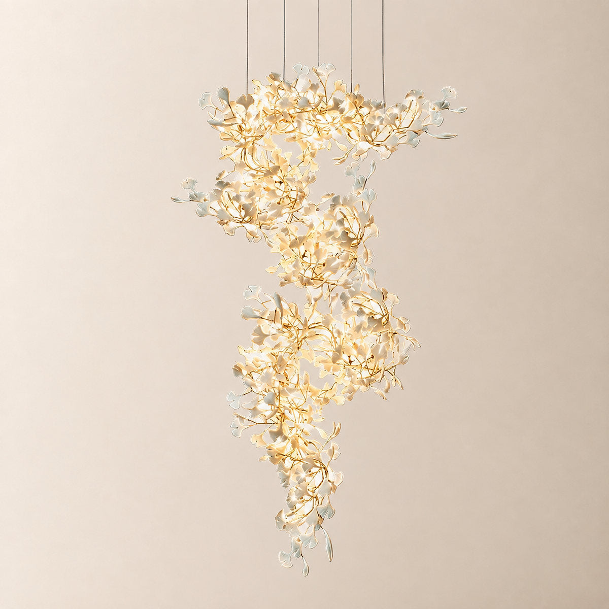 Tricolordeer Cascading Porcelain Leaf Spiral Chandelier