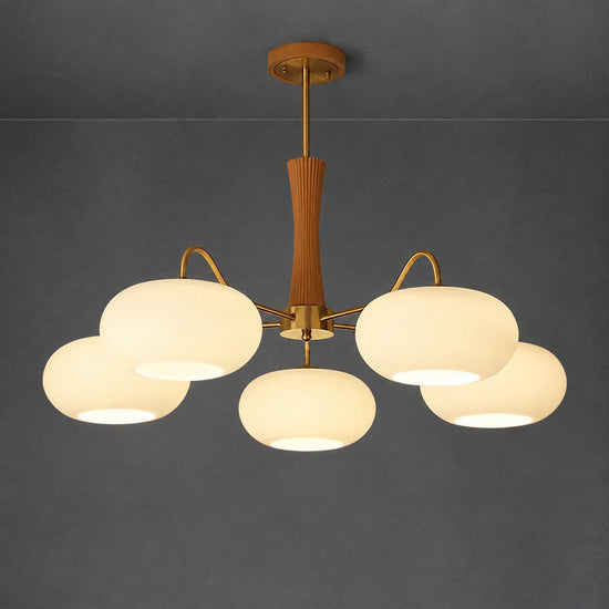 Round Brass and Wood Persimmon Chandelier