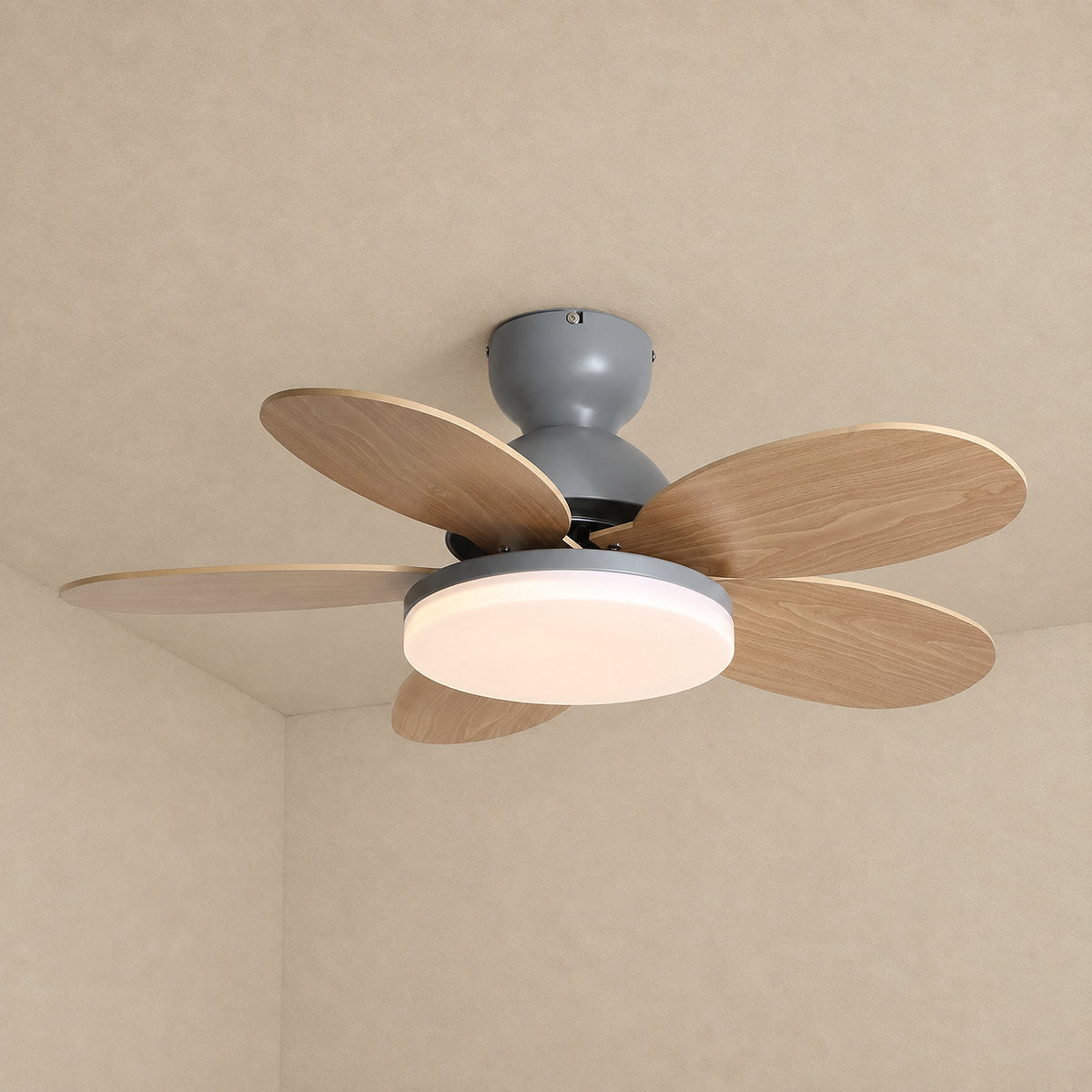 Petalo Ceiling Fan Light, 35.4-Inch x H 11.0-Inch, Green & Wood Grain, Warm Light for Living Room
