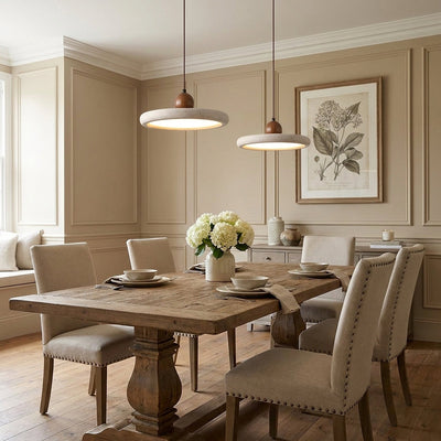 Round Wood and Travertine Pendant Lamp Warm Light for Dining Room & Living Room