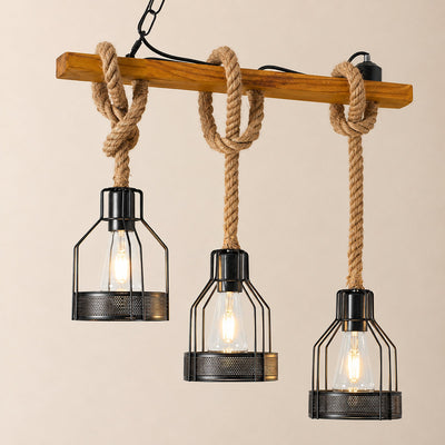 Horizontal Wood Beam Grenade Cage Chandelier