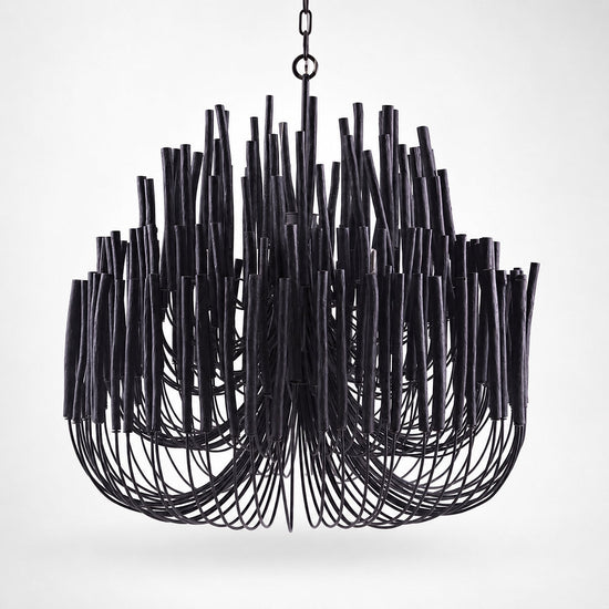 Tiered Wood and Curved Iron Chandelier