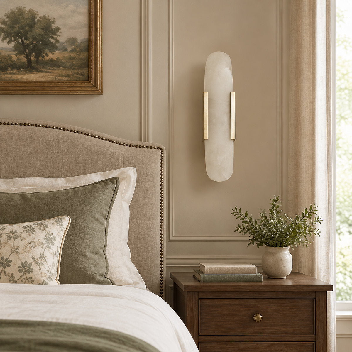 Oblong Alabaster Wall Lamp, 3.9-Inch x H 13.8~19.7-Inch, Black for Living Room & Dining Room