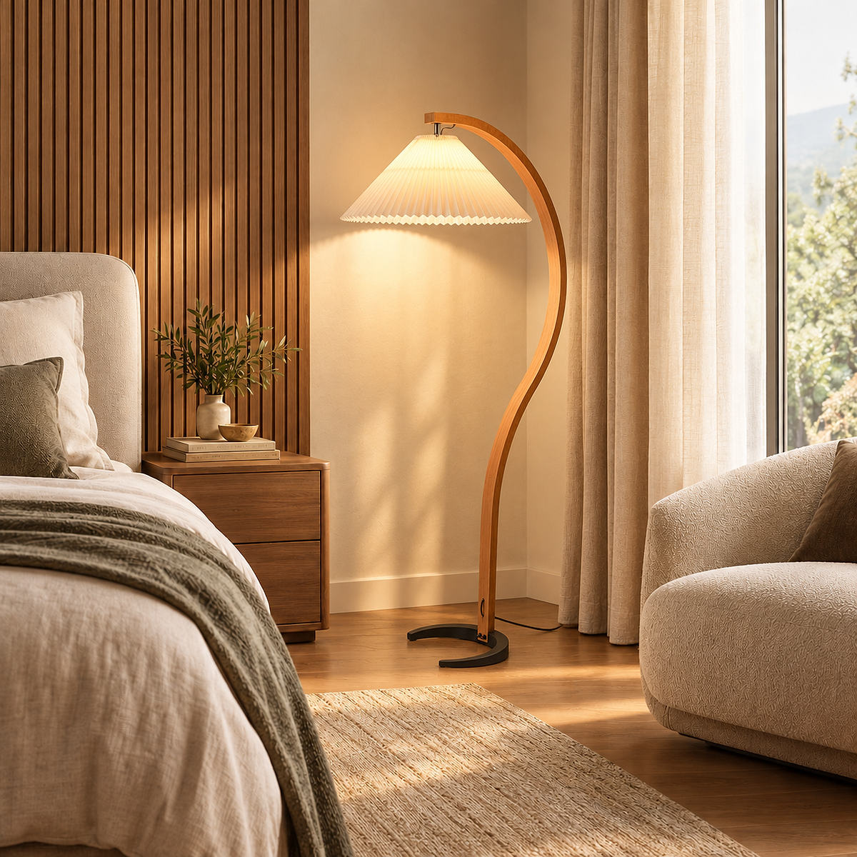 Tricolordeer Beech Wood and Linen Floor Lamp