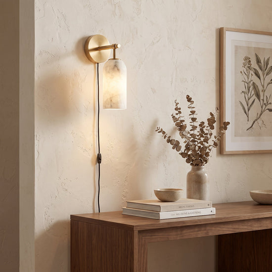Pillar Alabaster Plug-in Wall Lamp, 3.1-Inch x H 7.1-Inch, Antique Brass & White, US Plug for Bedroom & Living Room