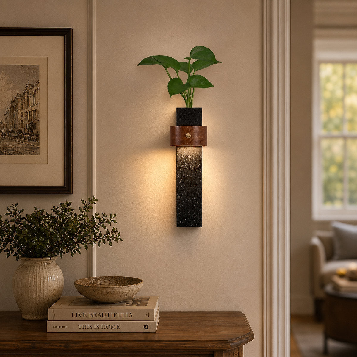 Verde Beam Rechargeable Wall Lamp, 2.8-Inch x H 9.1-Inch, Dark walnut & Black Travertine, Warm Light & USB Charging for Bedroom & Living Room