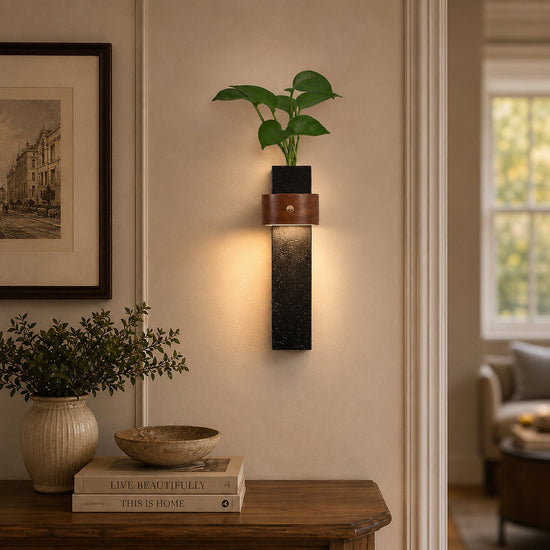 Verde Beam Rechargeable Wall Lamp, 2.8-Inch x H 9.1-Inch, Dark walnut & Black Travertine, Warm Light & USB Charging for Bedroom & Living Room