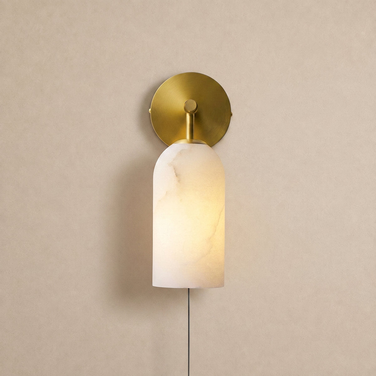 Pillar Alabaster Plug-in Wall Lamp, 3.1-Inch x H 7.1-Inch, Antique Brass & White, US Plug for Bedroom & Living Room