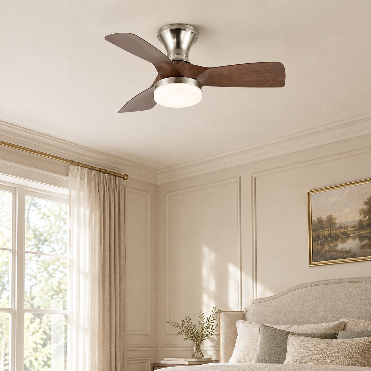 Calix 28" Ceiling Fan Light, 28-Inch x H 9.8-Inch, Model A Natural Wood Grain & White, Three-Color Light for Living Room