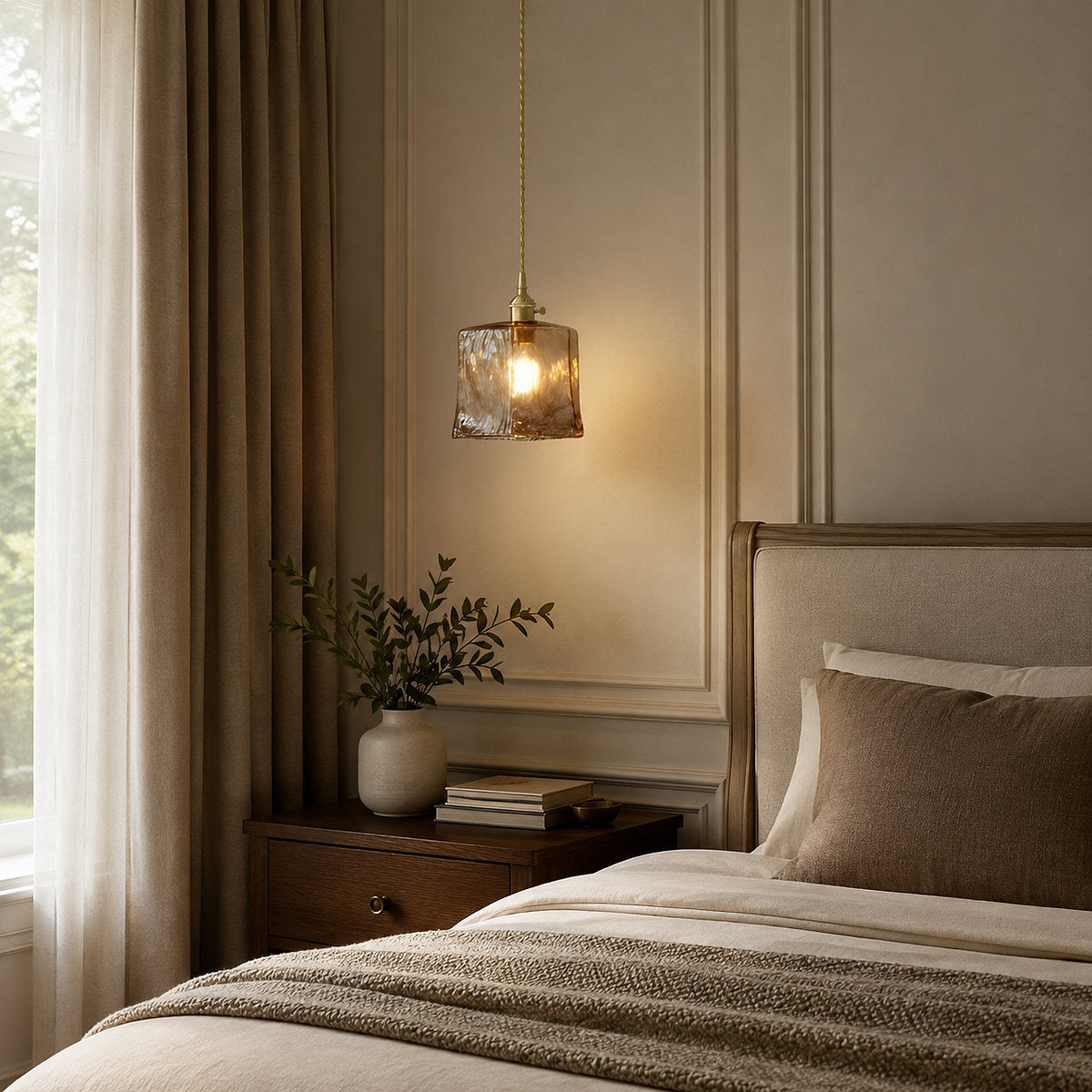 Artisanal Brown Blown Glass Brass Pendant for Dining Room & Living Room
