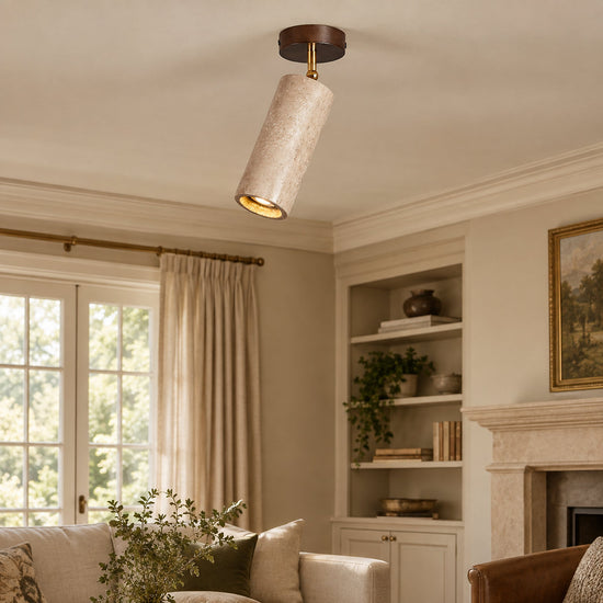 Solis Stone Spotlight, 2.6-Inch x H 6.3-Inch, Walnut Wood & Yellow Travertine, Warm Light for Bedroom & Living Room