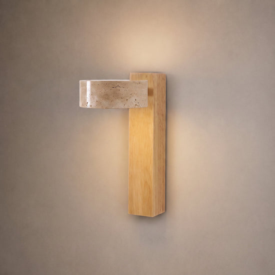 Grove Beam Wall Lamp, 3.9-Inch x H 9.1-Inch, Walnut wood & Yellow Travertine, Warm Light for Living Room & Dining Room