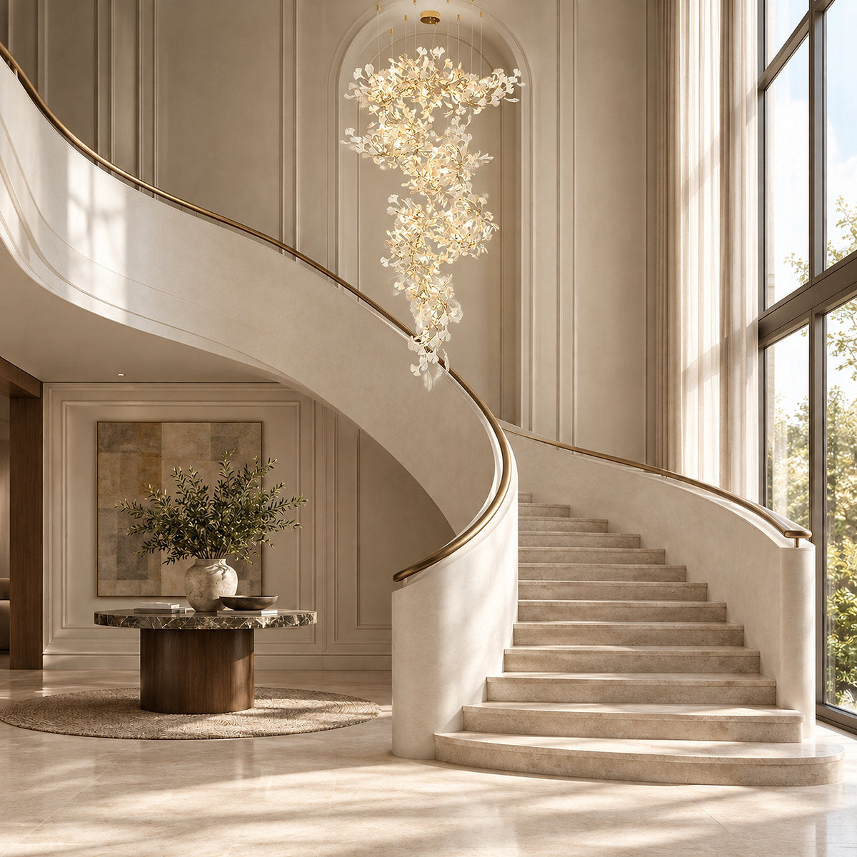 Tricolordeer Cascading Porcelain Leaf Spiral Chandelier