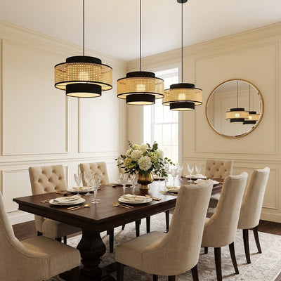 Woven Rattan Drum Shade Pendant Light for Dining Room & Living