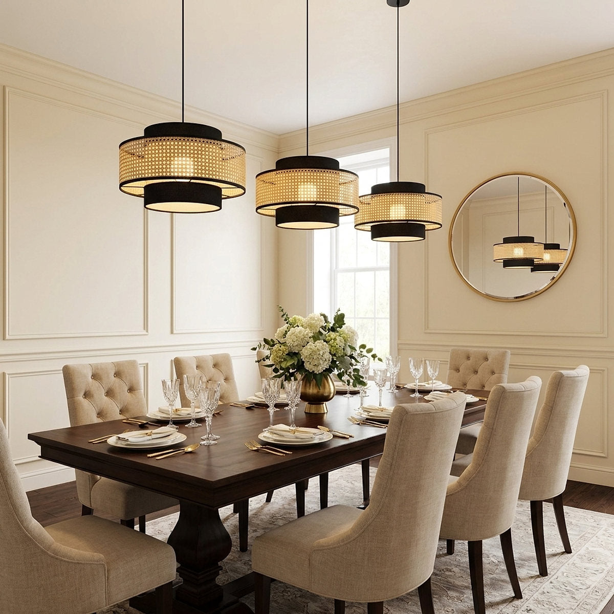 Woven Rattan Drum Shade Pendant Light for Dining Room & Living