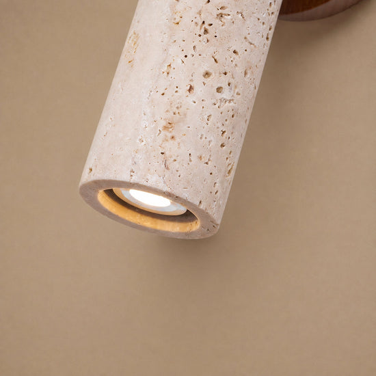 Solis Stone Spotlight, 2.6-Inch x H 6.3-Inch, Walnut Wood & Yellow Travertine, Warm Light for Bedroom & Living Room