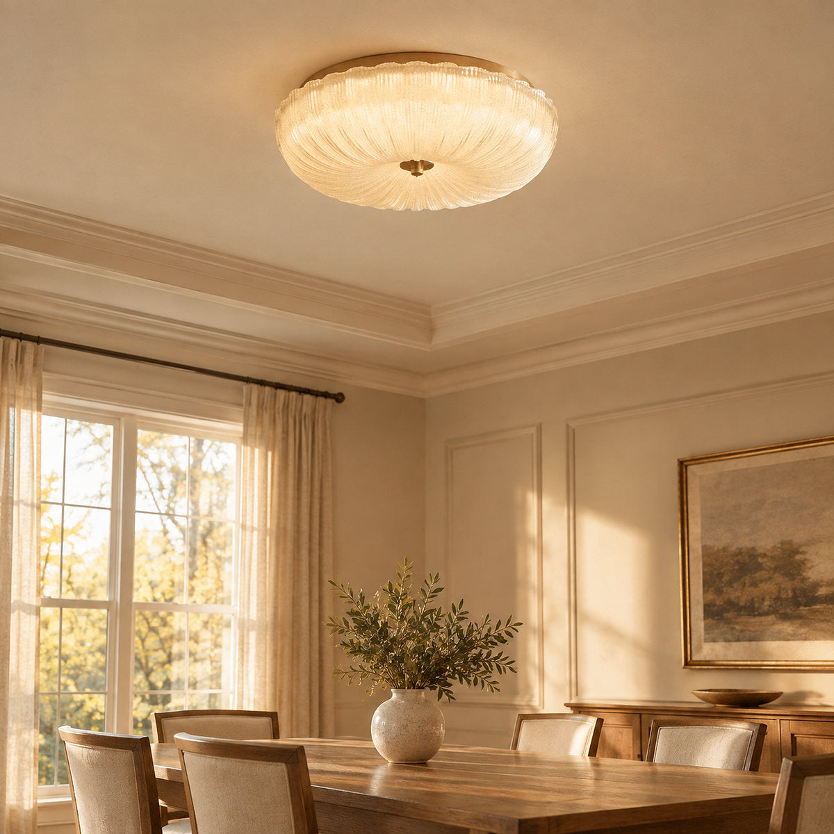 Ripple Glass Ceiling Light, 7.9-Inch x H 4.7-Inch, Gold & Frosted White, Warm Light for Living Room & Bedroom