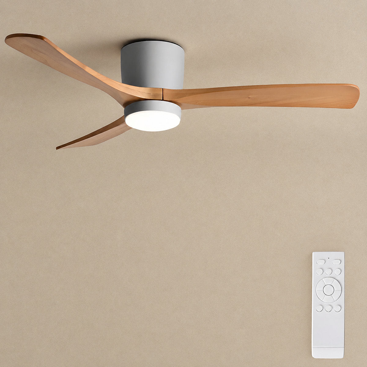 Nordic Wooden Ceiling Fan Light, 42-Inch x H 11-Inch, White & Natural Wood, Power: ~18W & Warm Light for Living Room