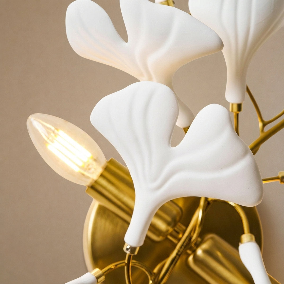Gingko Flowers Wall Lamp, 11.8-Inch x H 23.6-Inch, Gold & White for Living Room & Dining Room