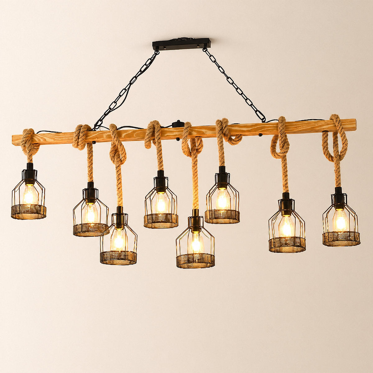 Horizontal Wood Beam Grenade Cage Chandelier