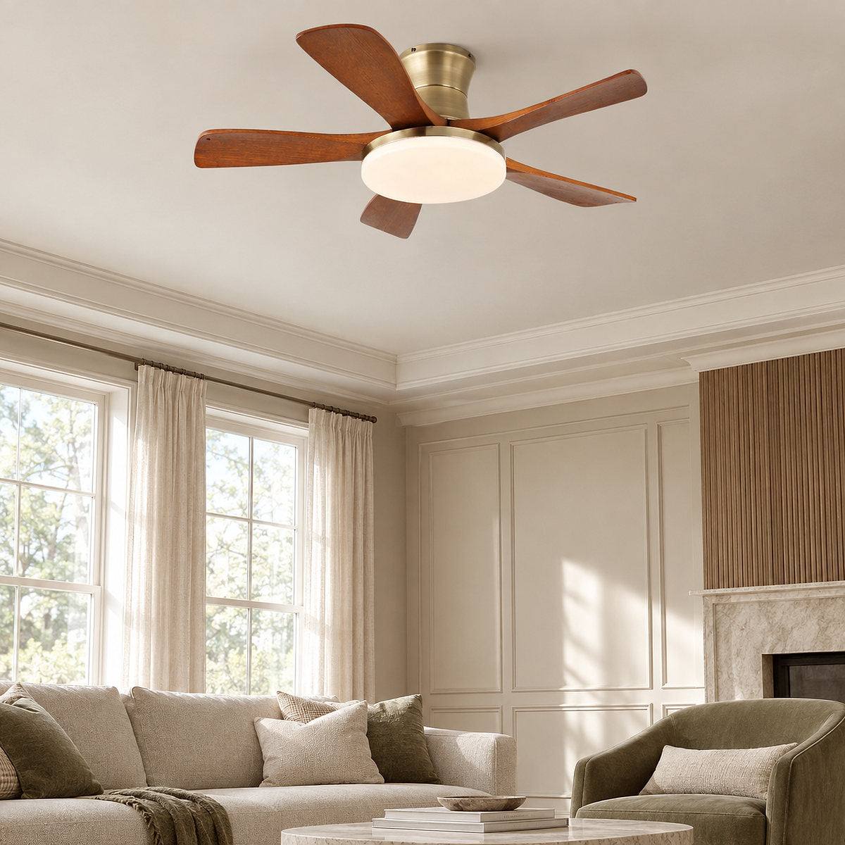 Liam Ceiling Fan Light, 42~52-Inch x H 11-Inch, Bronze & Walnut Wood, Three-Color Light for Living Room