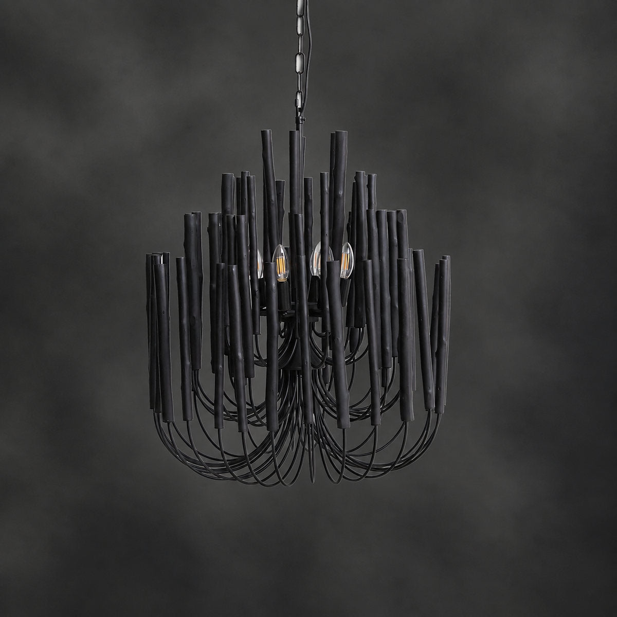 Tiered Wood and Curved Iron Chandelier