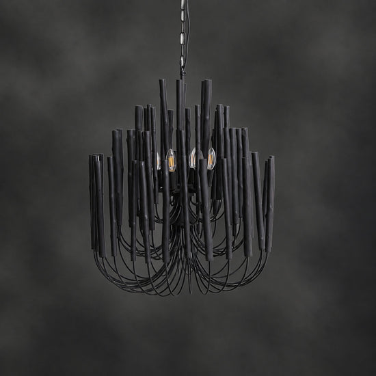 Tiered Wood and Curved Iron Chandelier