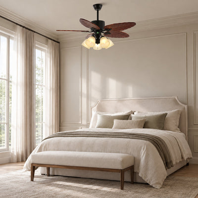 Banana Wood Leaves Ceiling Fan Light, 42-Inch X H 11.8-Inch, Model A Walnut Wood Grain & Black (Without Light) for Living Room