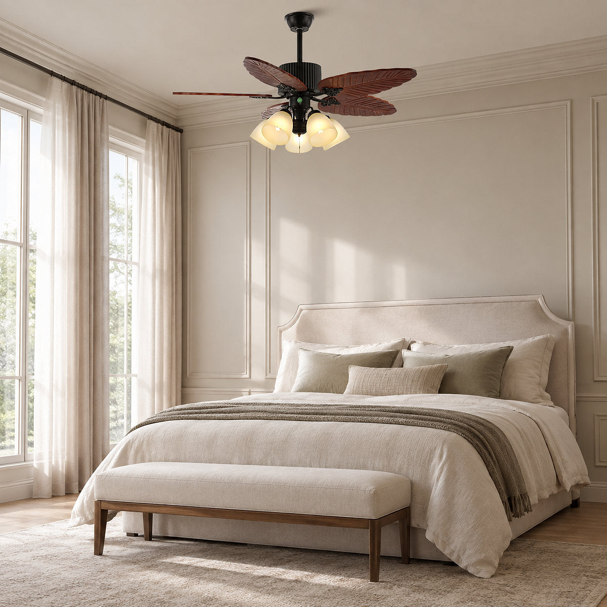 Banana Wood Leaves Ceiling Fan Light, 42-Inch X H 11.8-Inch, Model A Walnut Wood Grain & Black (Without Light) for Living Room