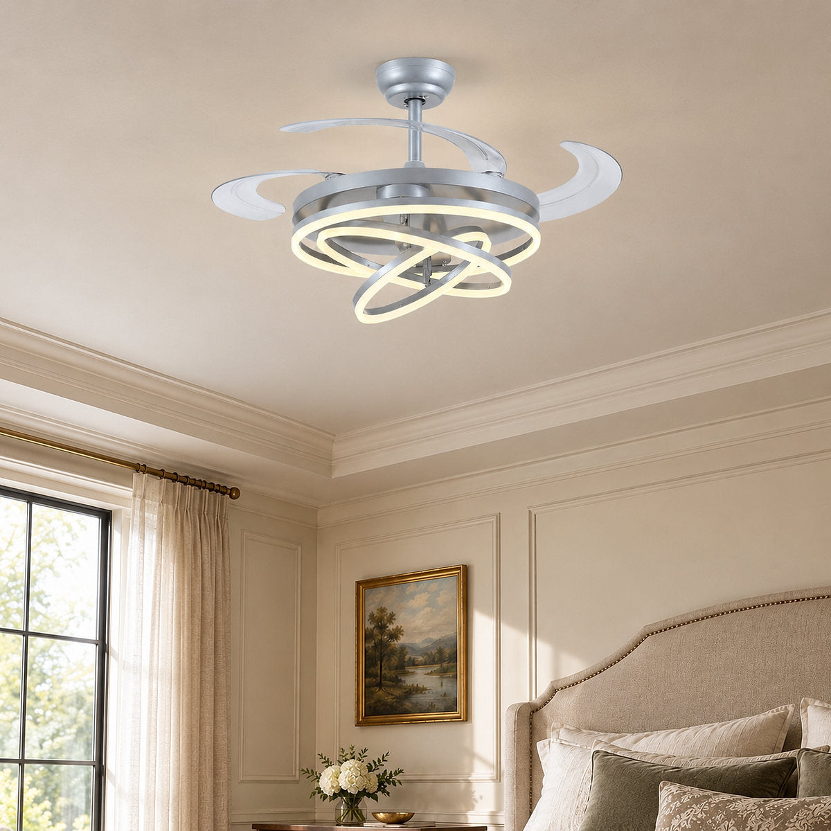 Tricolordeer LED Ring Light Ceiling Fan with Retractable Acrylic Blades