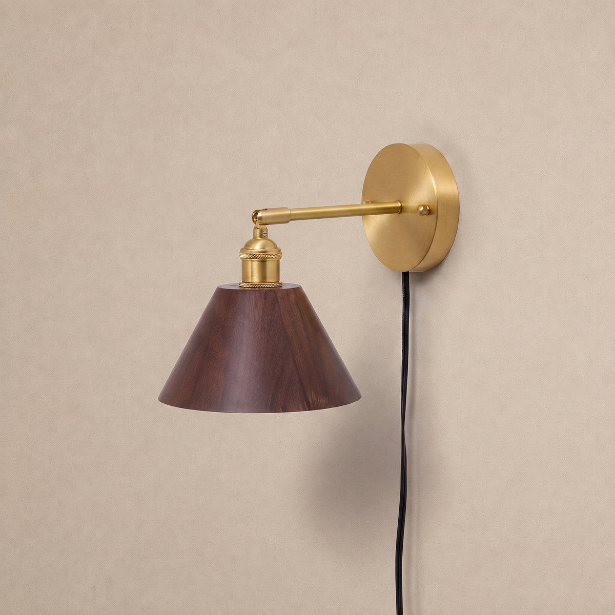 Vintage Wood Plug-in Wall Lamp, 7.1-Inch x H 5.5-Inch, Brass & Walnut Wood, US Plug for Bedroom & Living Room
