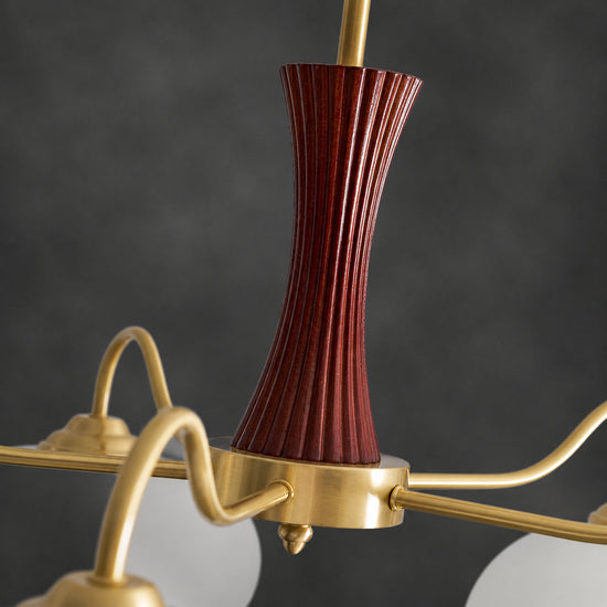 Round Brass and Wood Persimmon Chandelier