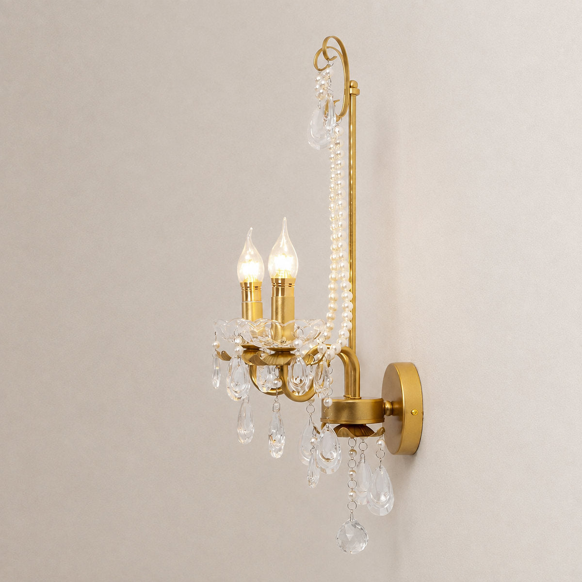Crystal Pearl Chain Wall Lamp, 16.8-Inch x H 25.2-Inch, Gold & Clear for Living Room