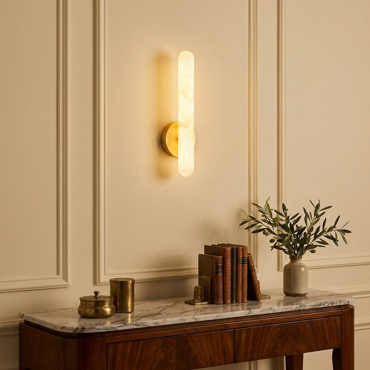 Alabaster Rod Wall Lamp, 1.9-Inch x H 15.7~23.6-Inch, Brass & White, Warm Light for Living Room & Dining Room