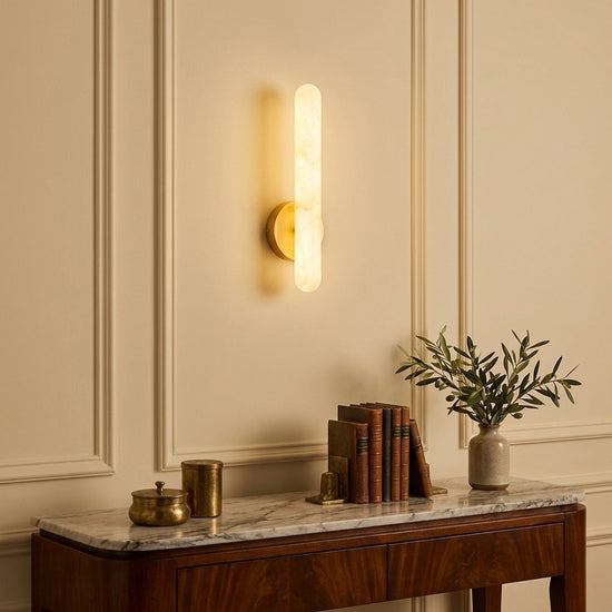 Alabaster Rod Wall Lamp, 1.9-Inch x H 15.7~23.6-Inch, Brass & White, Warm Light for Living Room & Dining Room