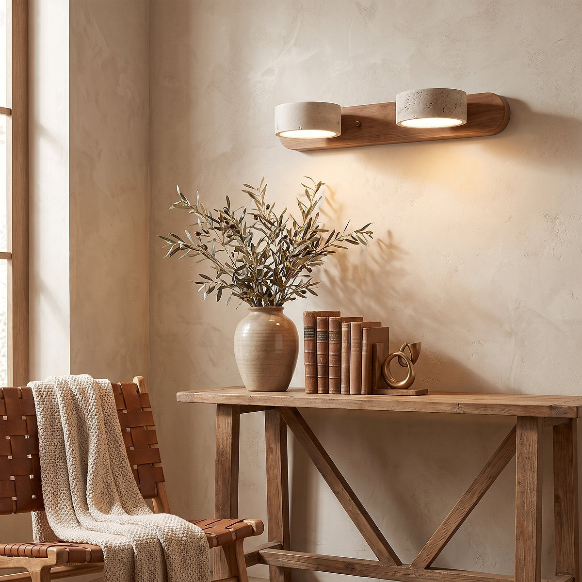 Travertine Duo Rechargeable Wall Lamp, 12.6-Inch ~27.6-Inch, Wood & Yellow Travertine, Three-Color Light & USB Charging for Bedroom & Living Room
