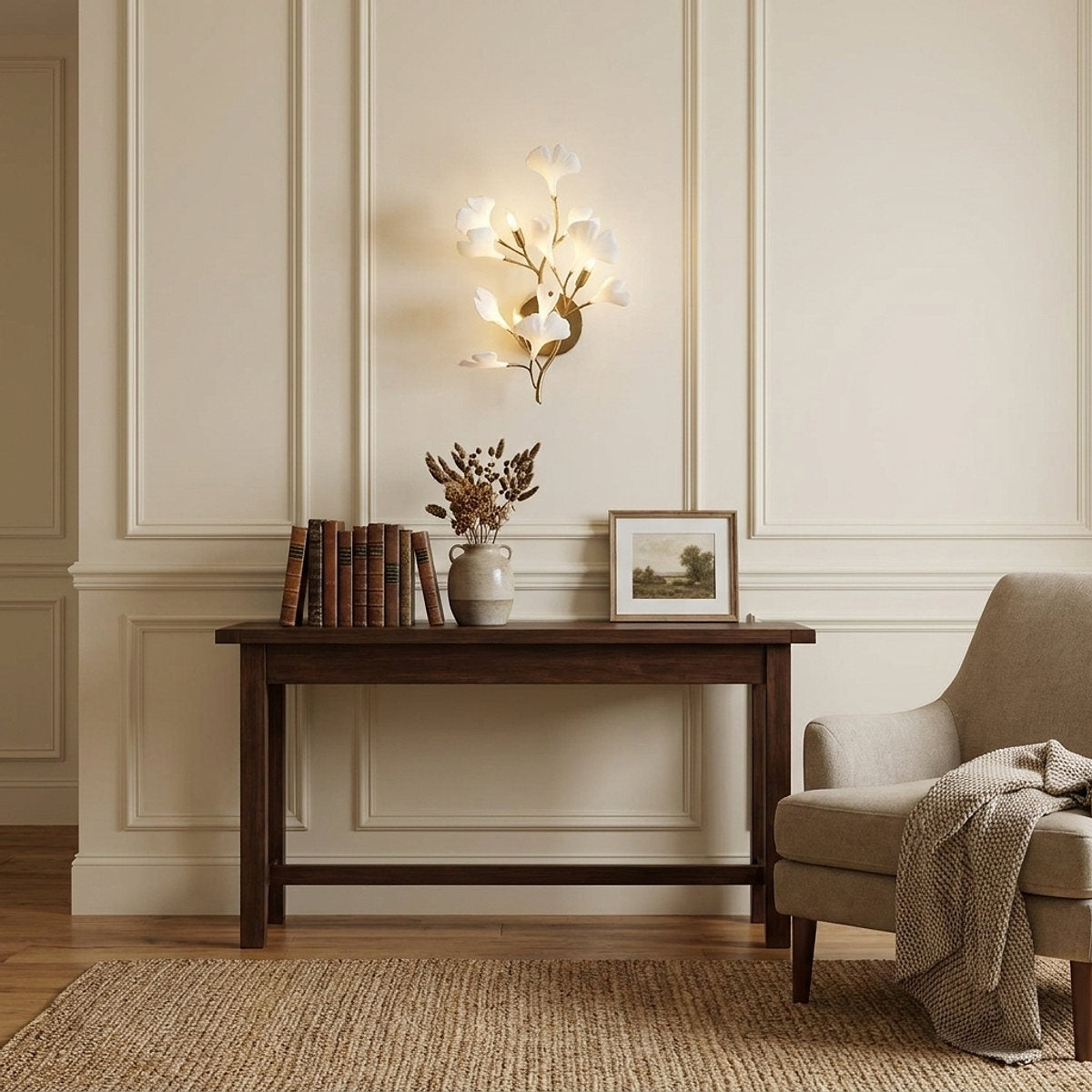Gingko Wall Lamp, 13.8~15.7-Inch x H 19.7~23.6-Inch, Gold & White for Living Room