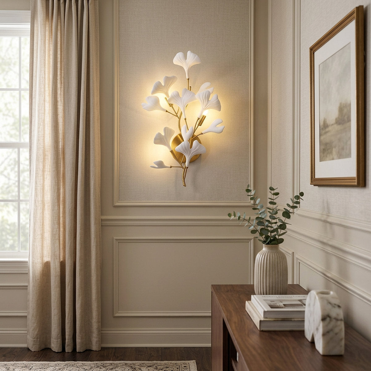 Gingko Wall Lamp, 13.8~15.7-Inch x H 19.7~23.6-Inch, Gold & White for Living Room