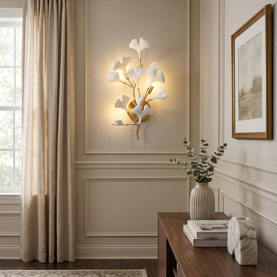 Gingko Wall Lamp, 13.8~15.7-Inch x H 19.7~23.6-Inch, Gold & White for Living Room