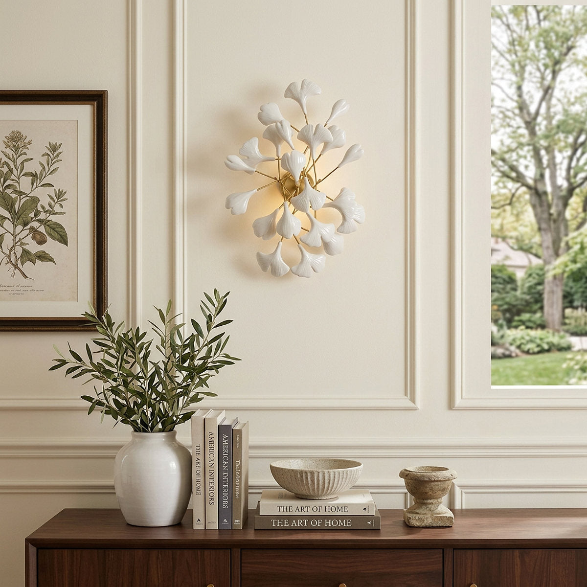 Gingko Wall Lamp, 13.8~15.7-Inch x H 19.7~23.6-Inch, Gold & White for Living Room