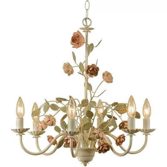 American Country Style Rustic Vintage Wrought Iron Flower Rose Chandelier Art Lamp for Bedroom Study Dining Room