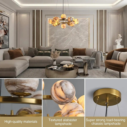 Mid Century Modern Sputnik 12 Light Gold Alabaster Globe Chandelier