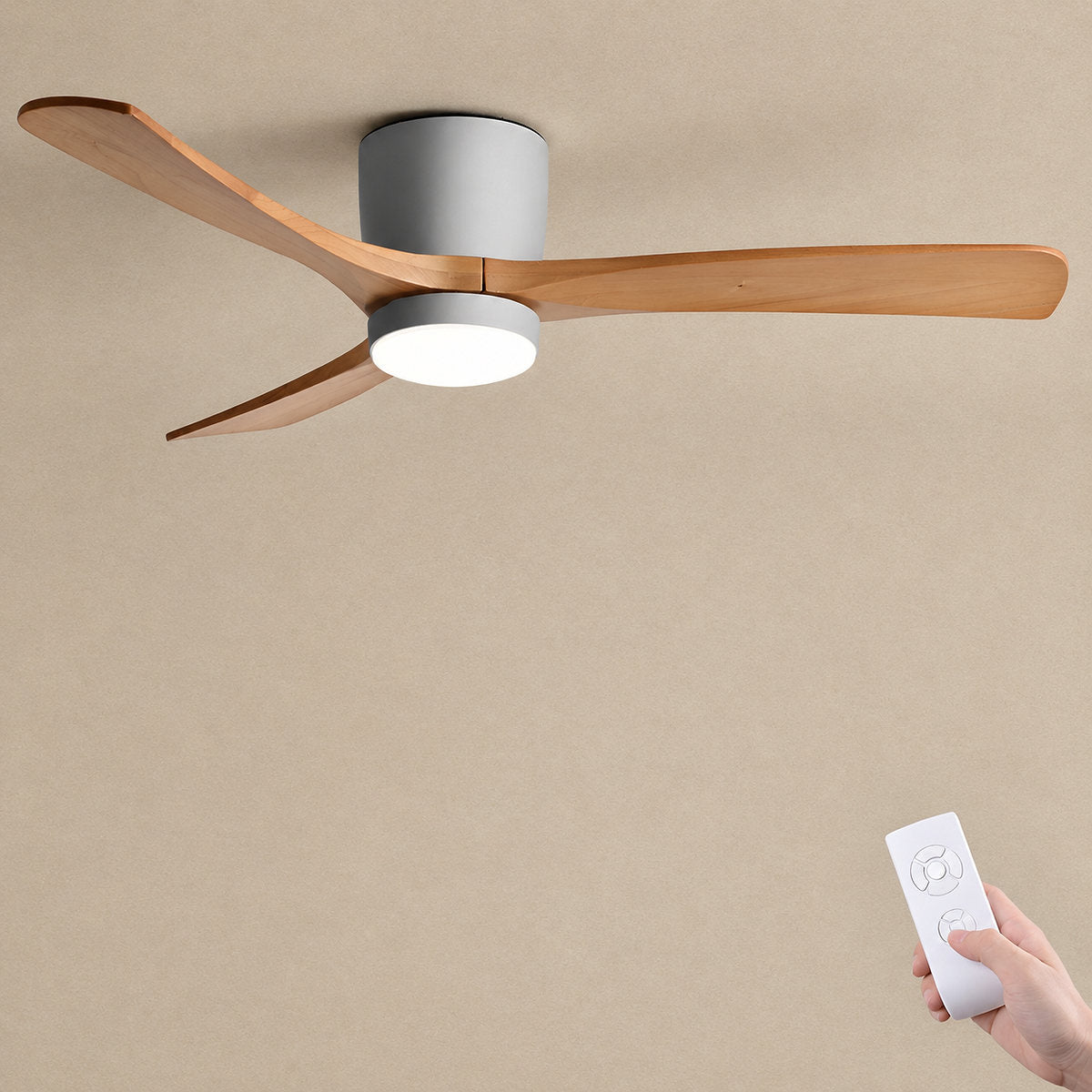 Nordic Wooden Ceiling Fan Light, 42-Inch x H 11-Inch, White & Natural Wood, Power: ~18W & Warm Light for Living Room