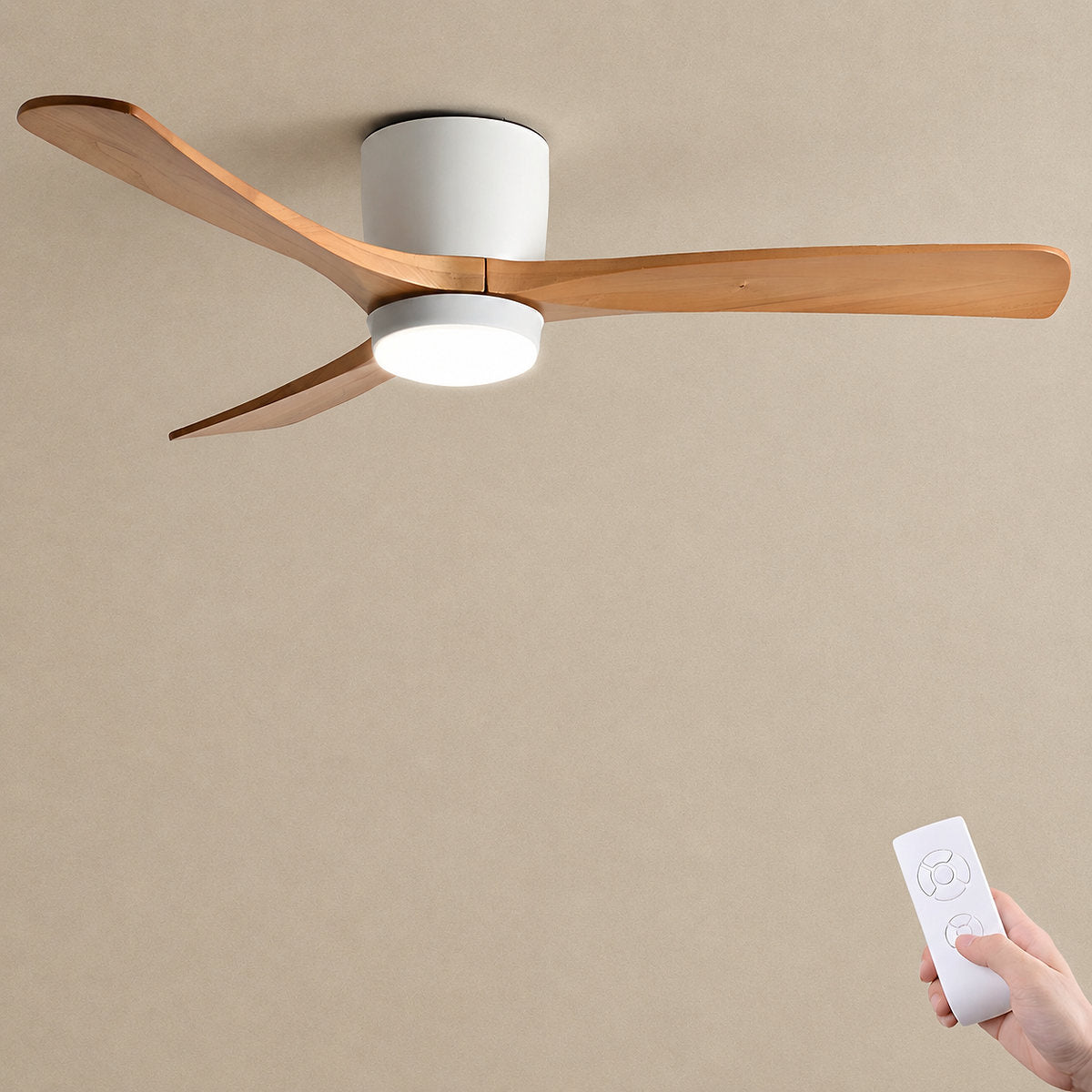 Nordic Wooden Ceiling Fan Light, 42-Inch x H 11-Inch, White & Natural Wood, Power: ~18W & Warm Light for Living Room