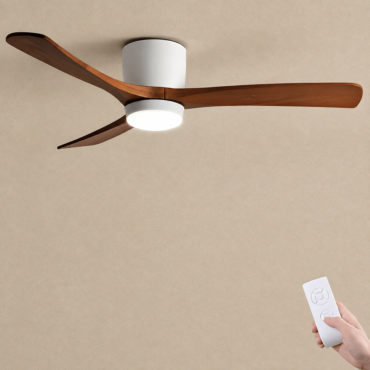 Nordic Wooden Ceiling Fan Light, 42-Inch x H 11-Inch, White & Natural Wood, Power: ~18W & Warm Light for Living Room