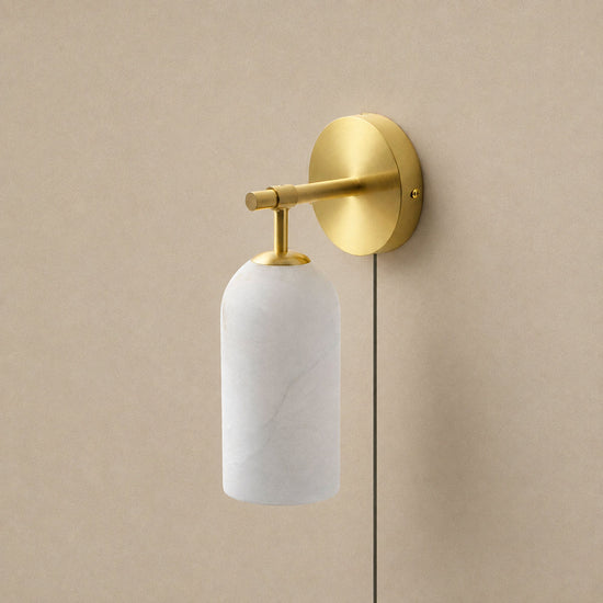 Pillar Alabaster Plug-in Wall Lamp, 3.1-Inch x H 7.1-Inch, Antique Brass & White, US Plug for Bedroom & Living Room